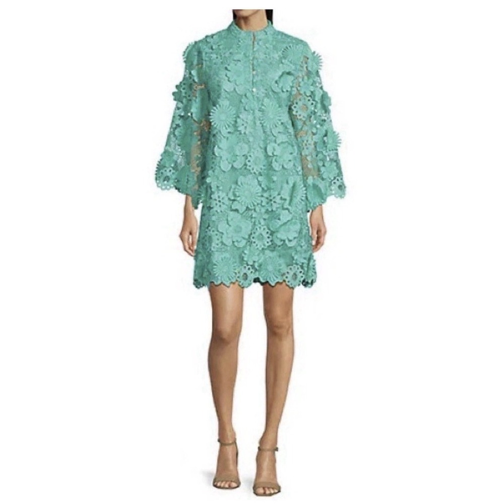J.Marie Seraphina Dress Teal  Floral 3D Lace 3/4 Sleeve Shift Kaftan‎ Size Small